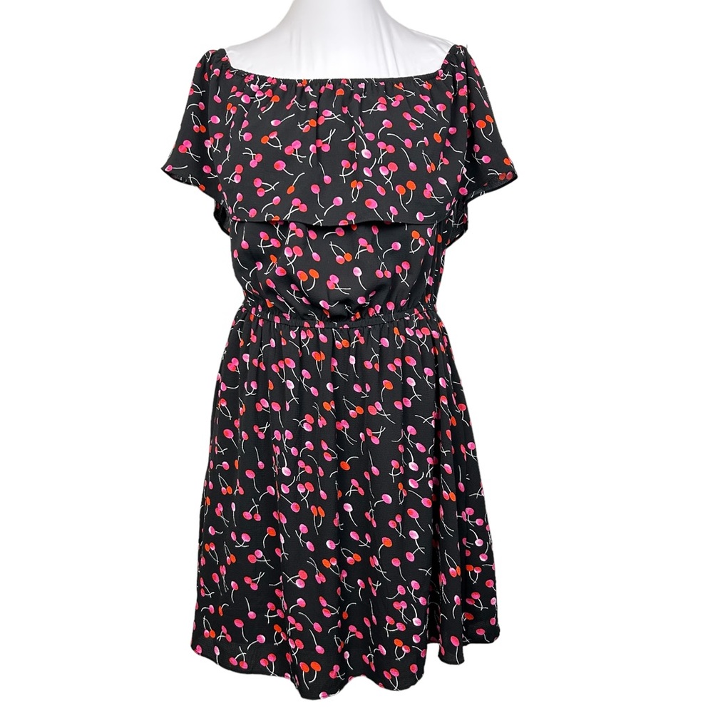 Dress Black w/ Red Cherries Flounce Top Elastic Waist Size M like …